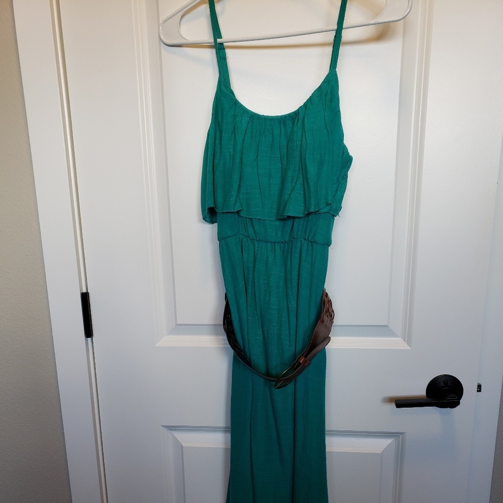 Dress, aqua with brown belt